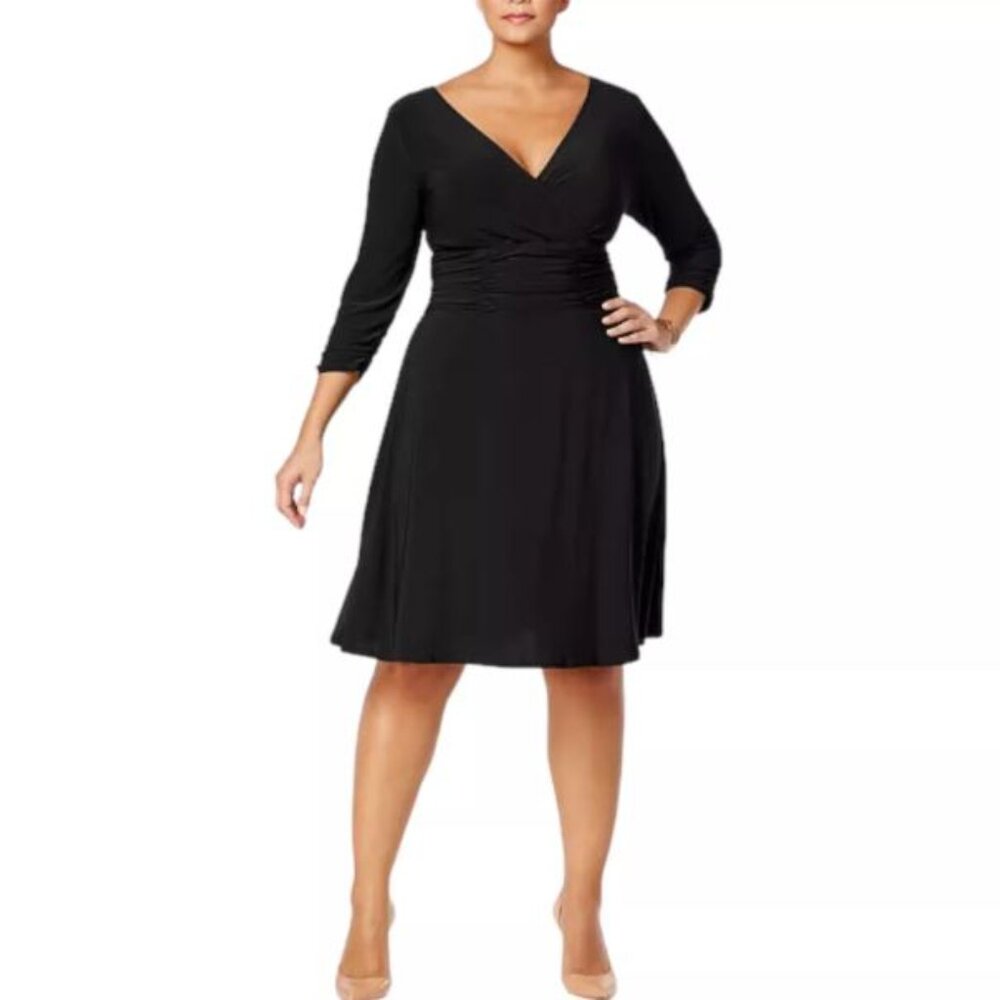 Ny Collection Women's V-Neck Long Sleeve Ruched Pleated Trim Dress Black 2X NWT